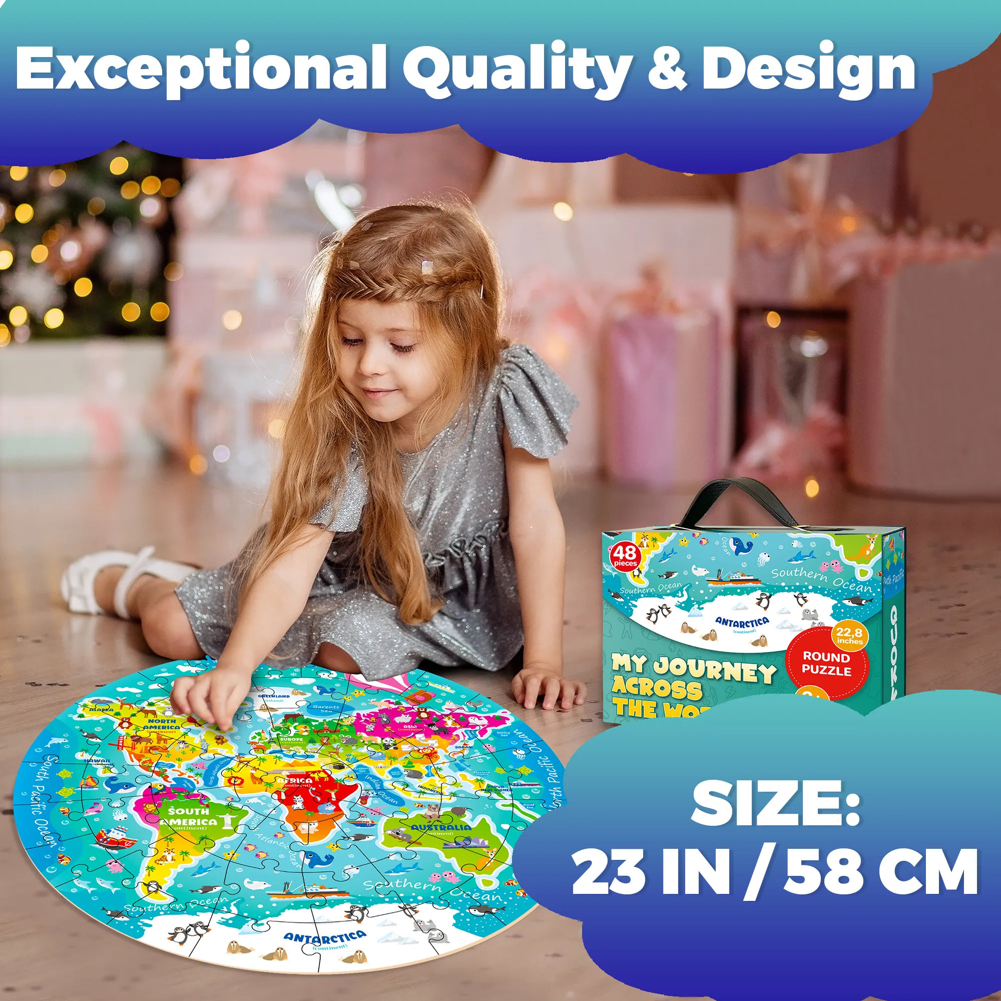 48 Pcs Round Giant Puzzles for Kids Ages 4-6 | World