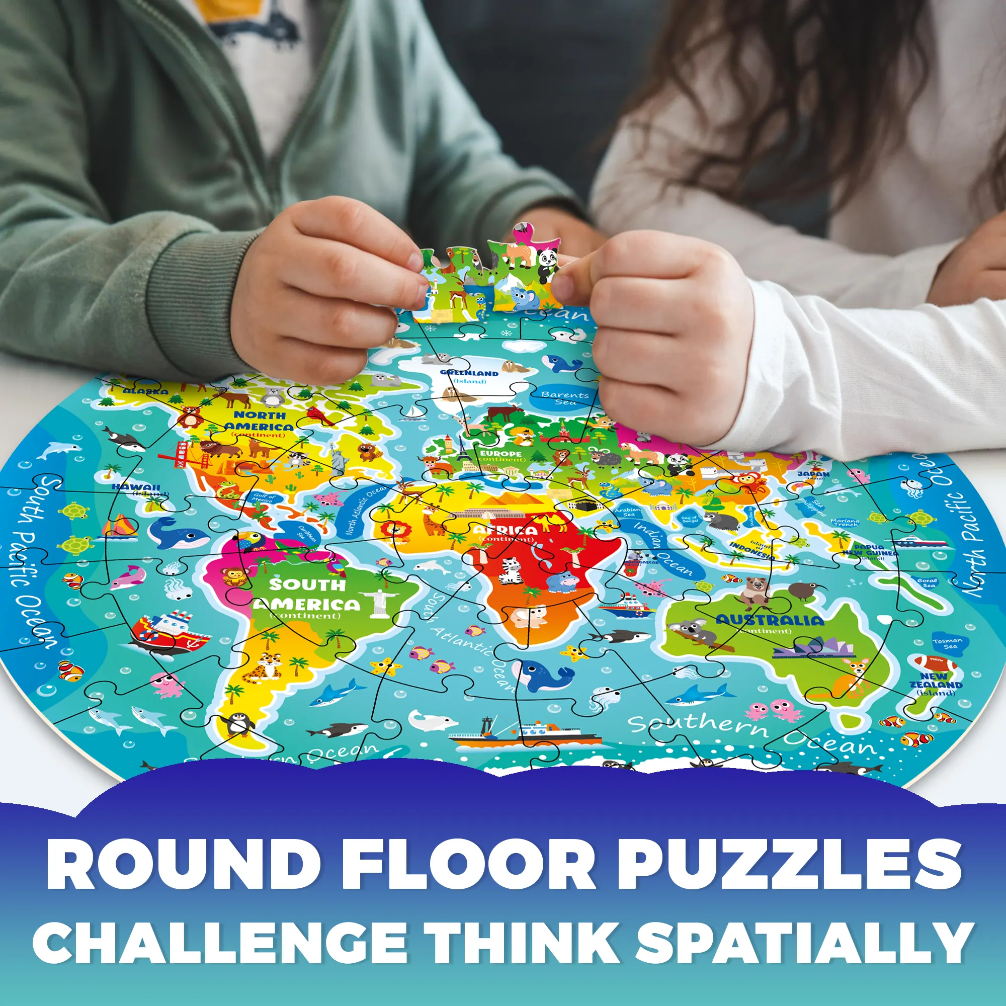 48 Pcs Round Giant Puzzles for Kids Ages 4-6 | World