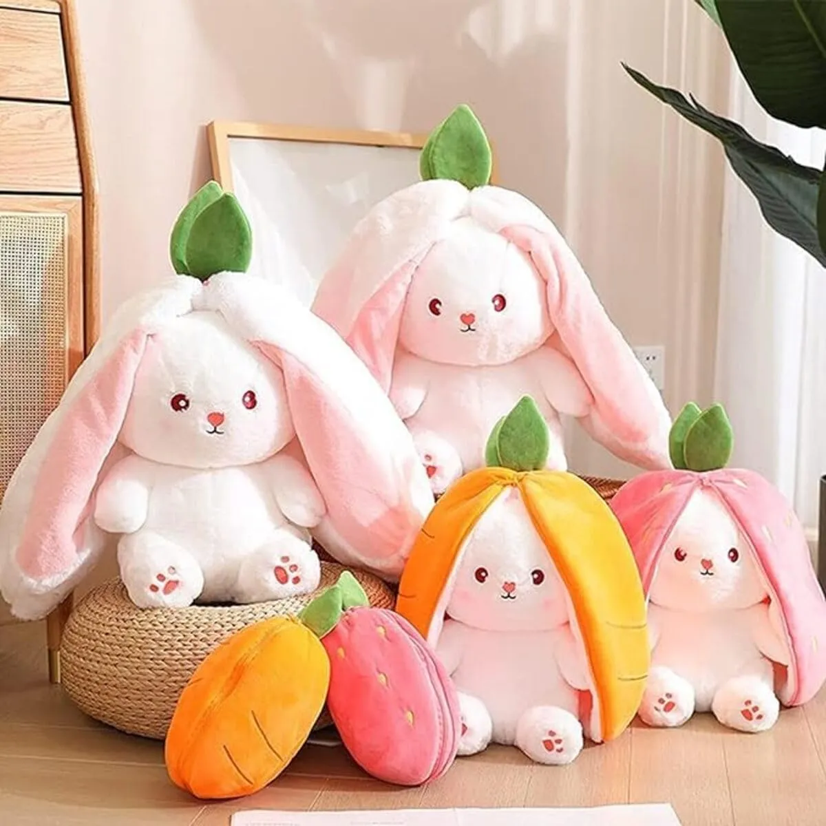 BABYLAMA Plush Toy Pillow, Reversible Bunny, Cute Rabbit Sofa Pillow, Easter Bunny Stuffed Animal Cute Rabbit Plushie Birthday Gift for Boys Girls (Medium, Strawberry Bunny)