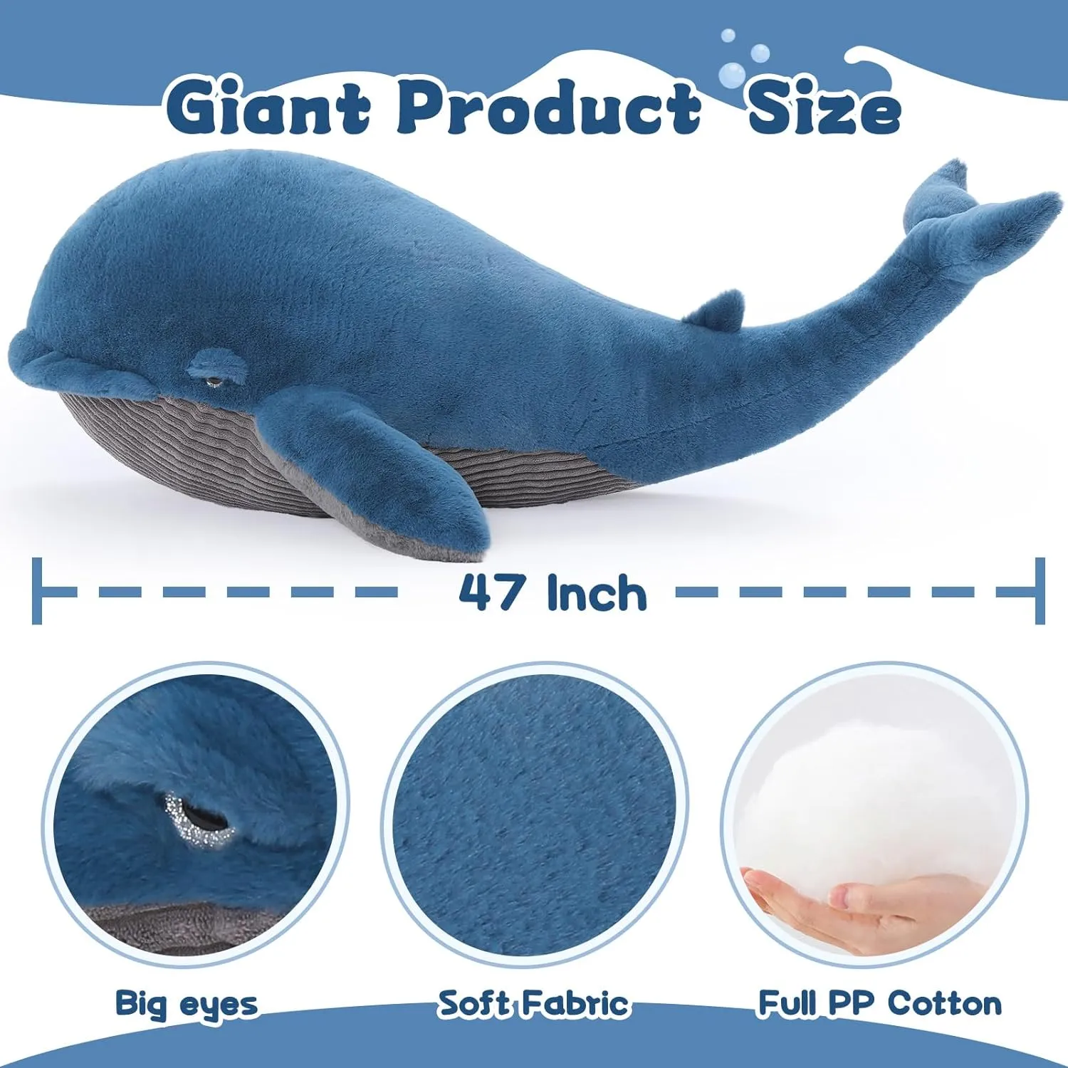 Big Whale Stuffed Animals, Navy Blue/Pink, 47 Inches