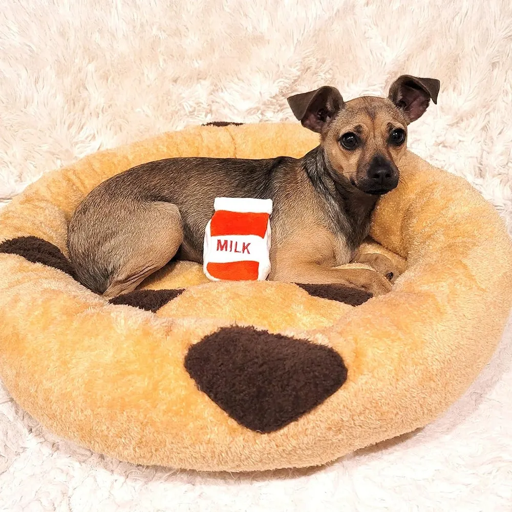 Chocolate Chip Cookie Dog Bed With Milk Dog Plush Toy