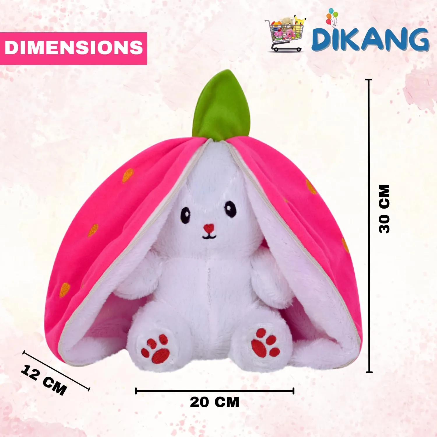 DIKANG Strawberry Bunny Plush Toys, Rabbit Soft Toys with Zipper, Strawberry Rabbit Soft Toys for Girls, Reversible Bunny Soft Toy, Cute Plushies Gift for Girls & Kids (Strawberry Bunny, 30cm)