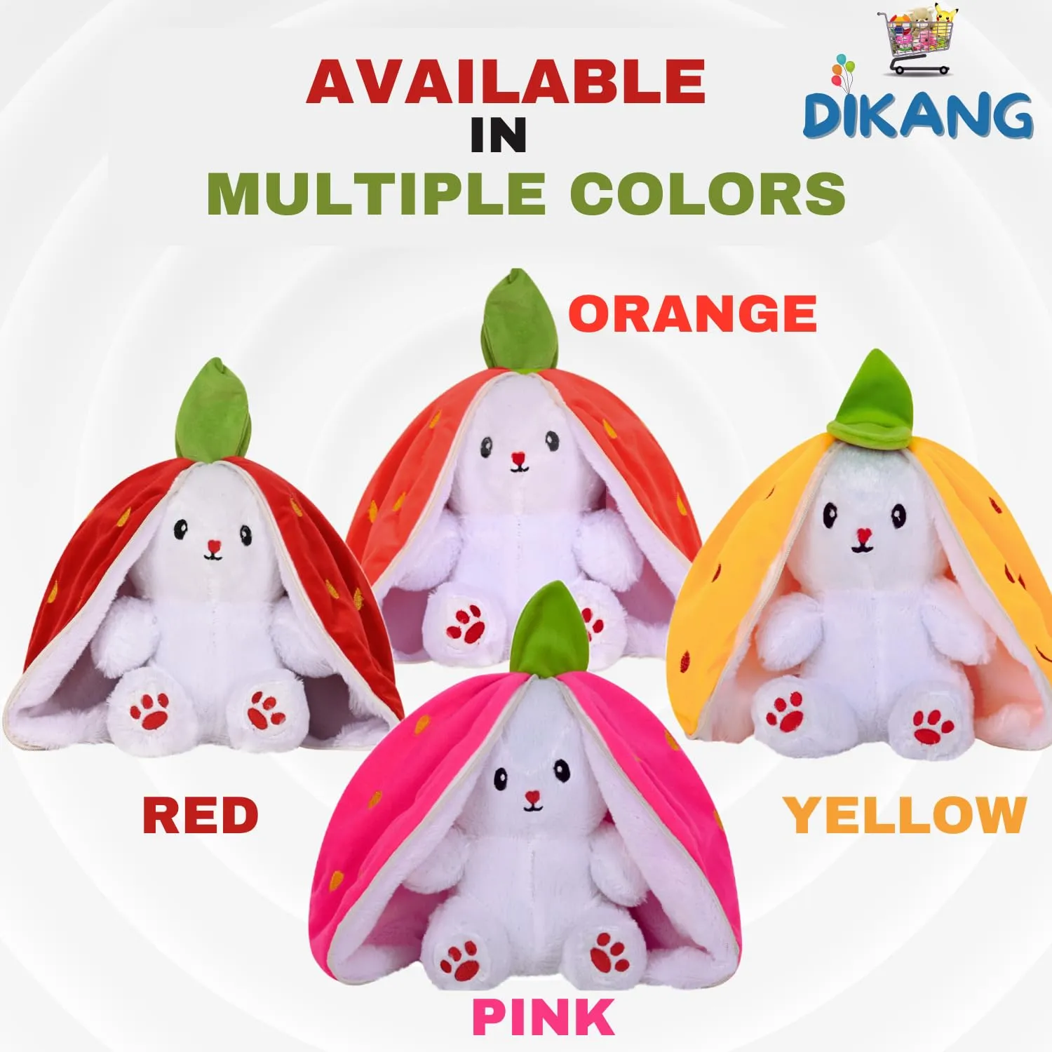 DIKANG Strawberry Bunny Plush Toys, Rabbit Soft Toys with Zipper, Strawberry Rabbit Soft Toys for Girls, Reversible Bunny Soft Toy, Cute Plushies Gift for Girls & Kids (Strawberry Bunny, 30cm)