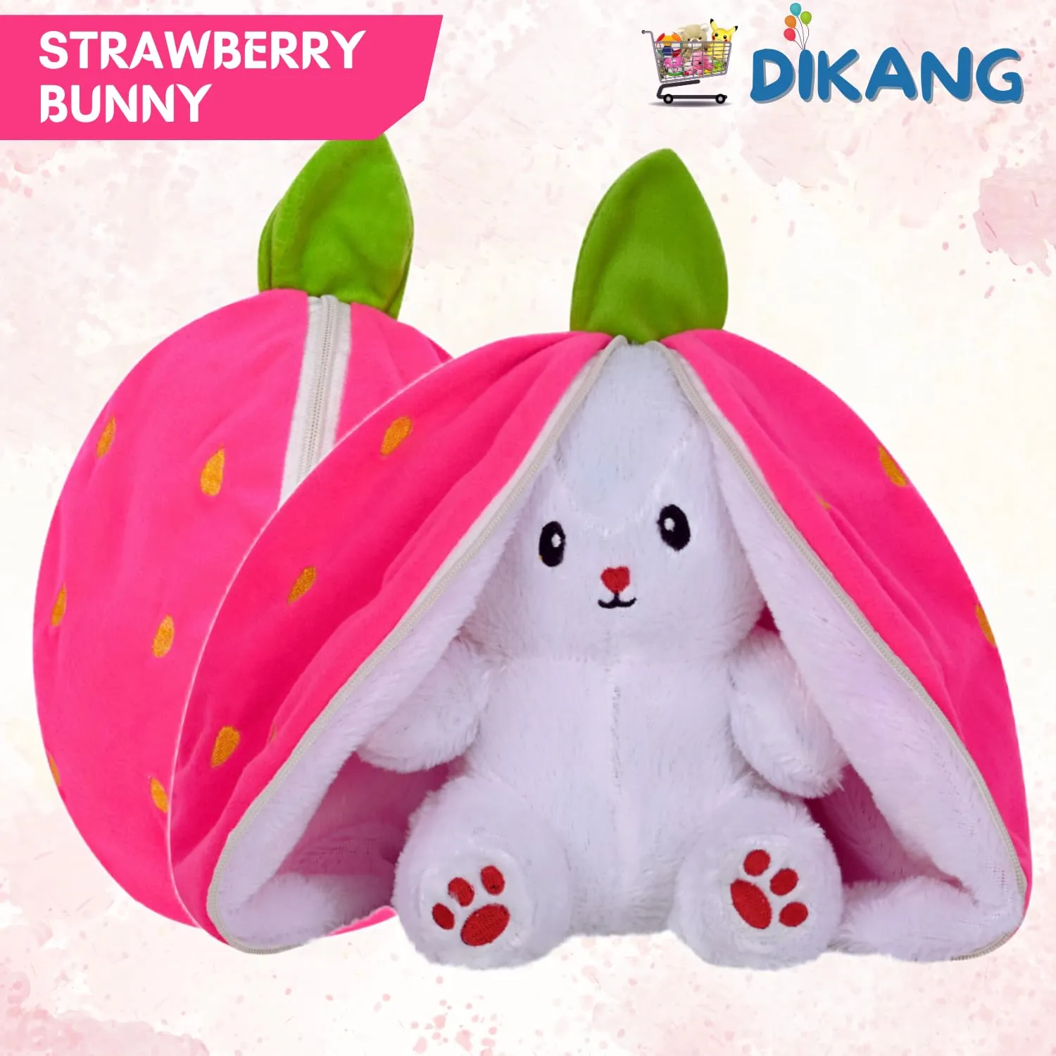 DIKANG Strawberry Bunny Plush Toys, Rabbit Soft Toys with Zipper, Strawberry Rabbit Soft Toys for Girls, Reversible Bunny Soft Toy, Cute Plushies Gift for Girls & Kids (Strawberry Bunny, 30cm)