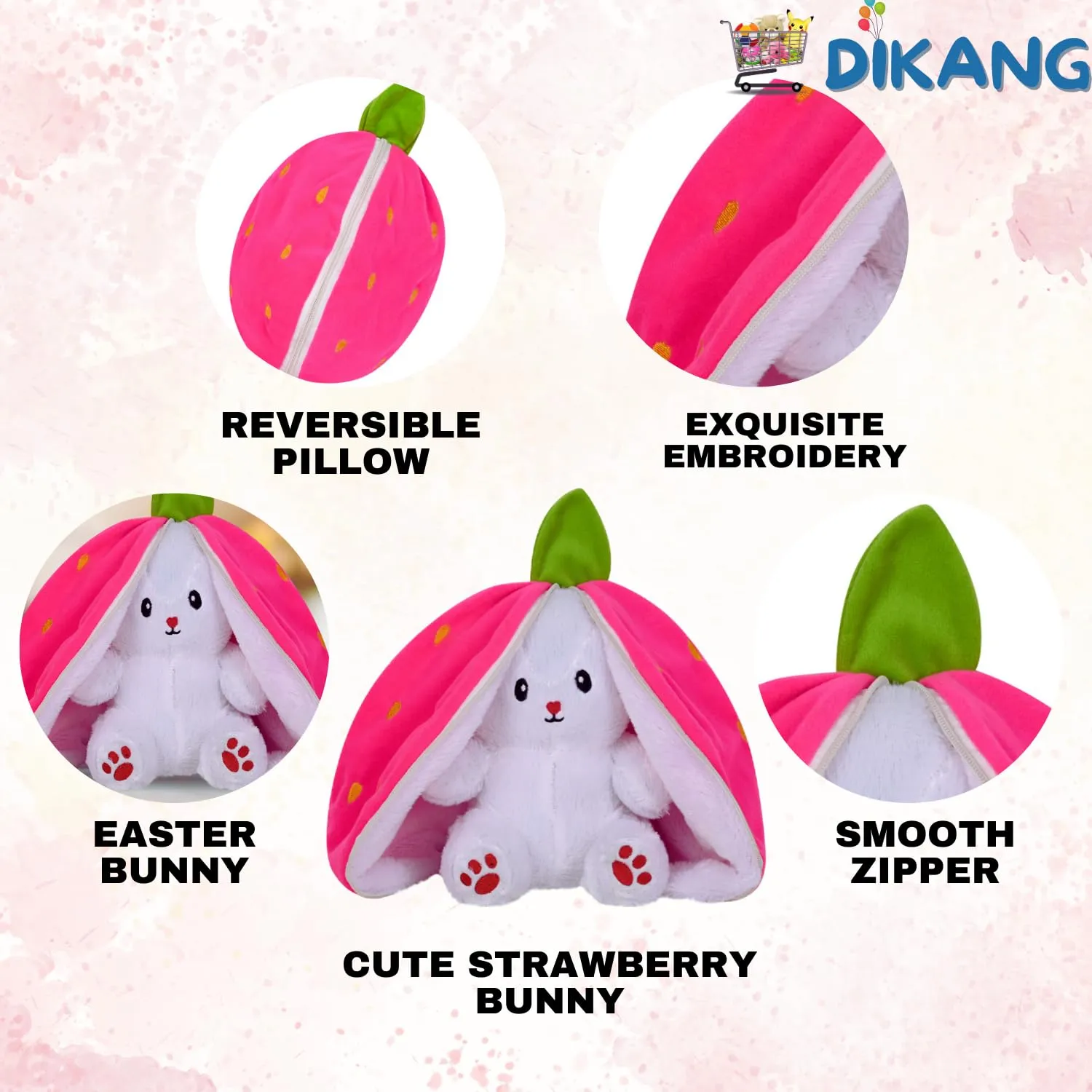 DIKANG Strawberry Bunny Plush Toys, Rabbit Soft Toys with Zipper, Strawberry Rabbit Soft Toys for Girls, Reversible Bunny Soft Toy, Cute Plushies Gift for Girls & Kids (Strawberry Bunny, 30cm)