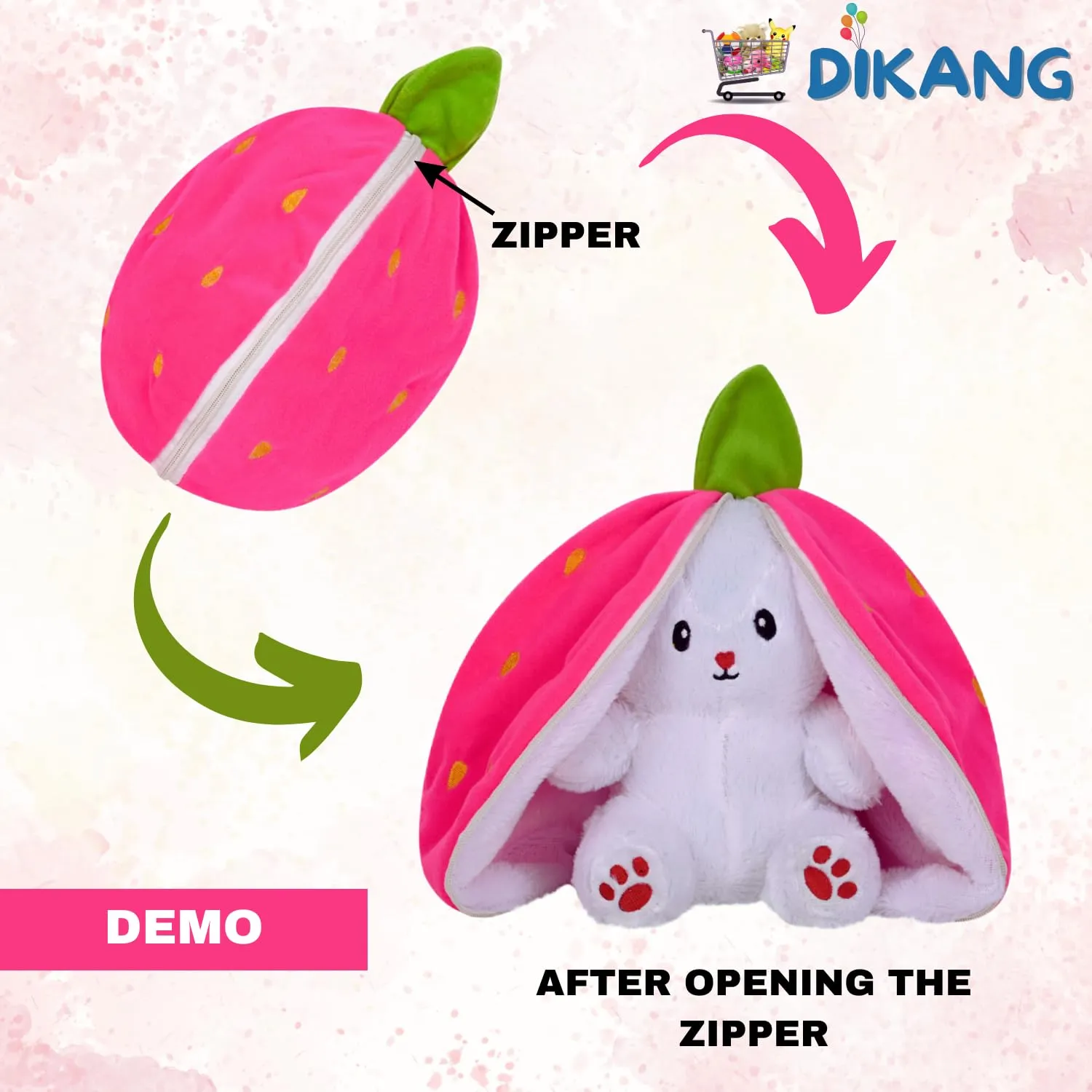 DIKANG Strawberry Bunny Plush Toys, Rabbit Soft Toys with Zipper, Strawberry Rabbit Soft Toys for Girls, Reversible Bunny Soft Toy, Cute Plushies Gift for Girls & Kids (Strawberry Bunny, 30cm)