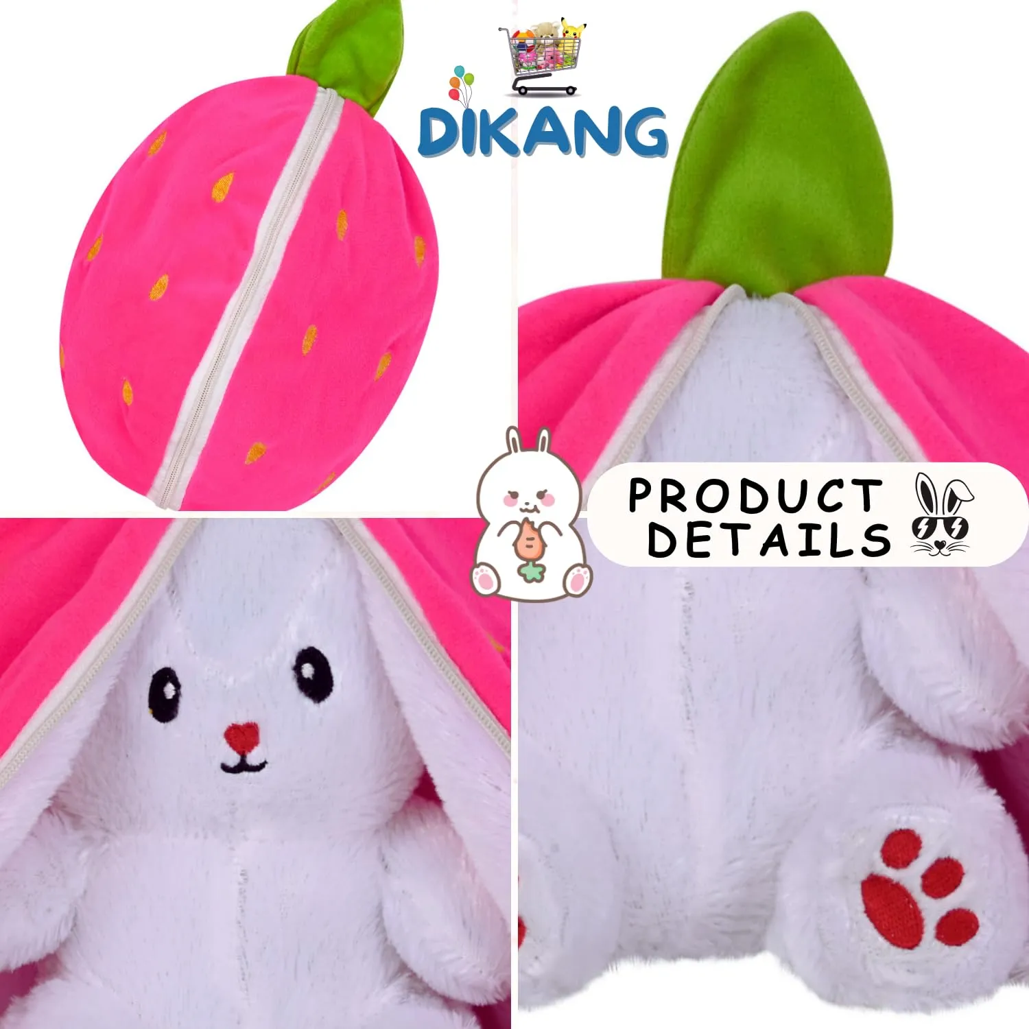 DIKANG Strawberry Bunny Plush Toys, Rabbit Soft Toys with Zipper, Strawberry Rabbit Soft Toys for Girls, Reversible Bunny Soft Toy, Cute Plushies Gift for Girls & Kids (Strawberry Bunny, 30cm)