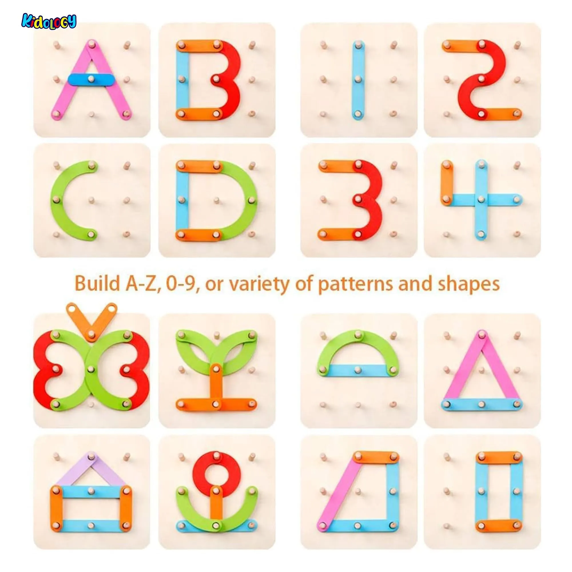 Kidology Wooden Letter Number Construction Puzzle Toy, Learning & Educational Stacking Toy | Montessori Pegboard Activity Toys For Kids | Building Blocks For Kids 3  years, Preschool Learning STEM Toy