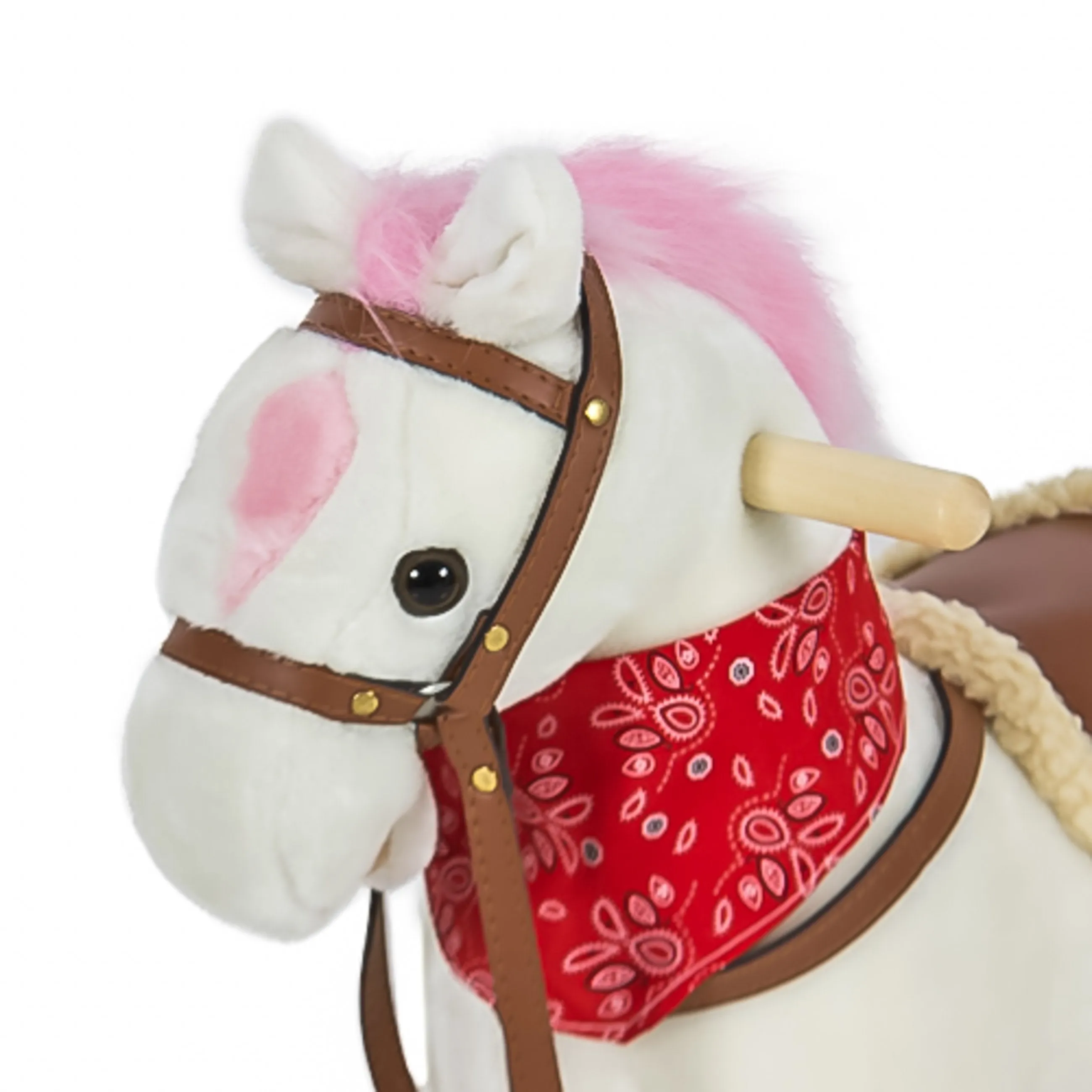 Kids Rocking Horse w/ Sounds, Saddle, Metal Stirrups, Bandanna - White