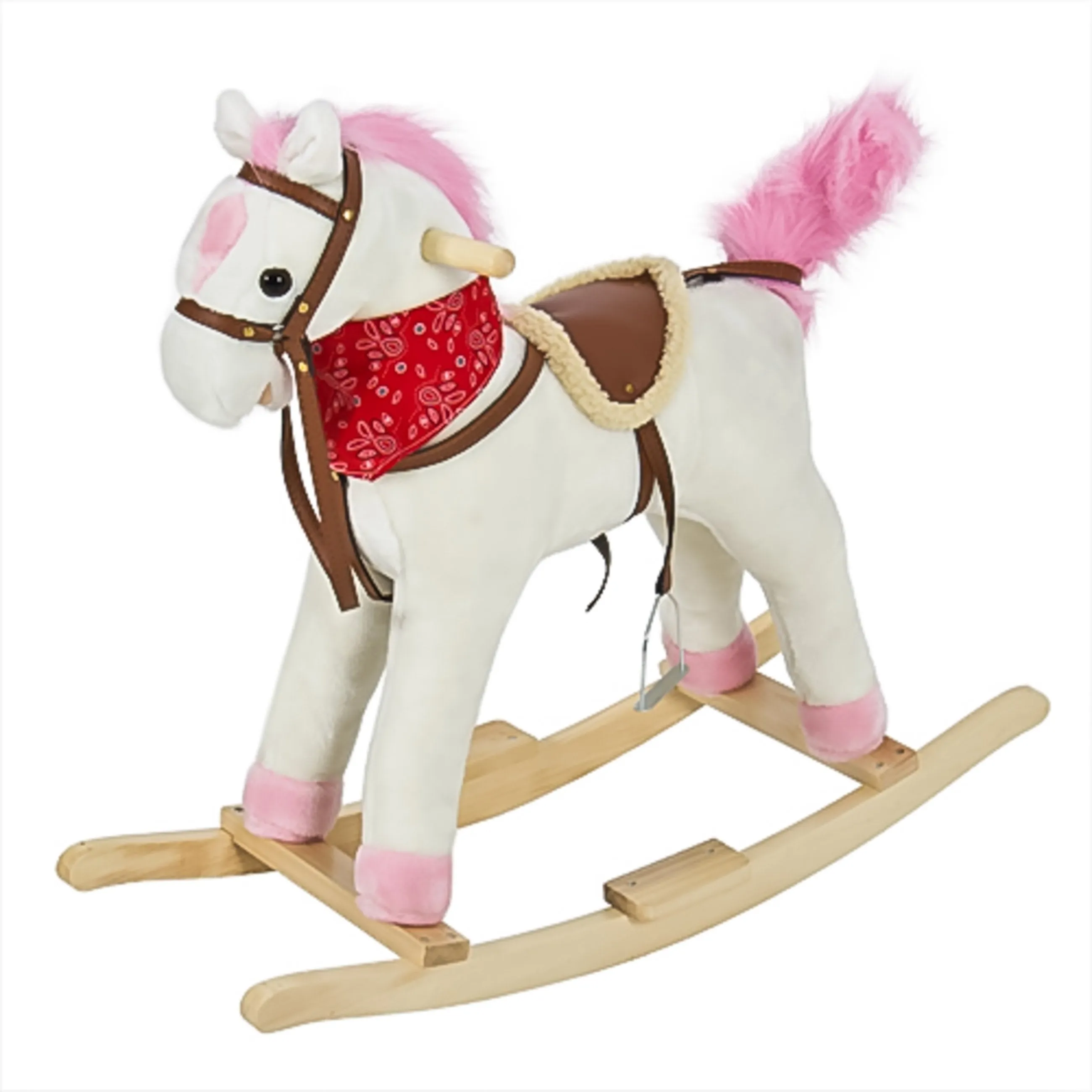 Kids Rocking Horse w/ Sounds, Saddle, Metal Stirrups, Bandanna - White