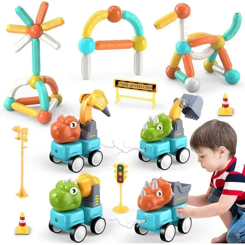 Magnetic Building Blocks with Dinosaur Car Preschool Learning Toys 58 PCS