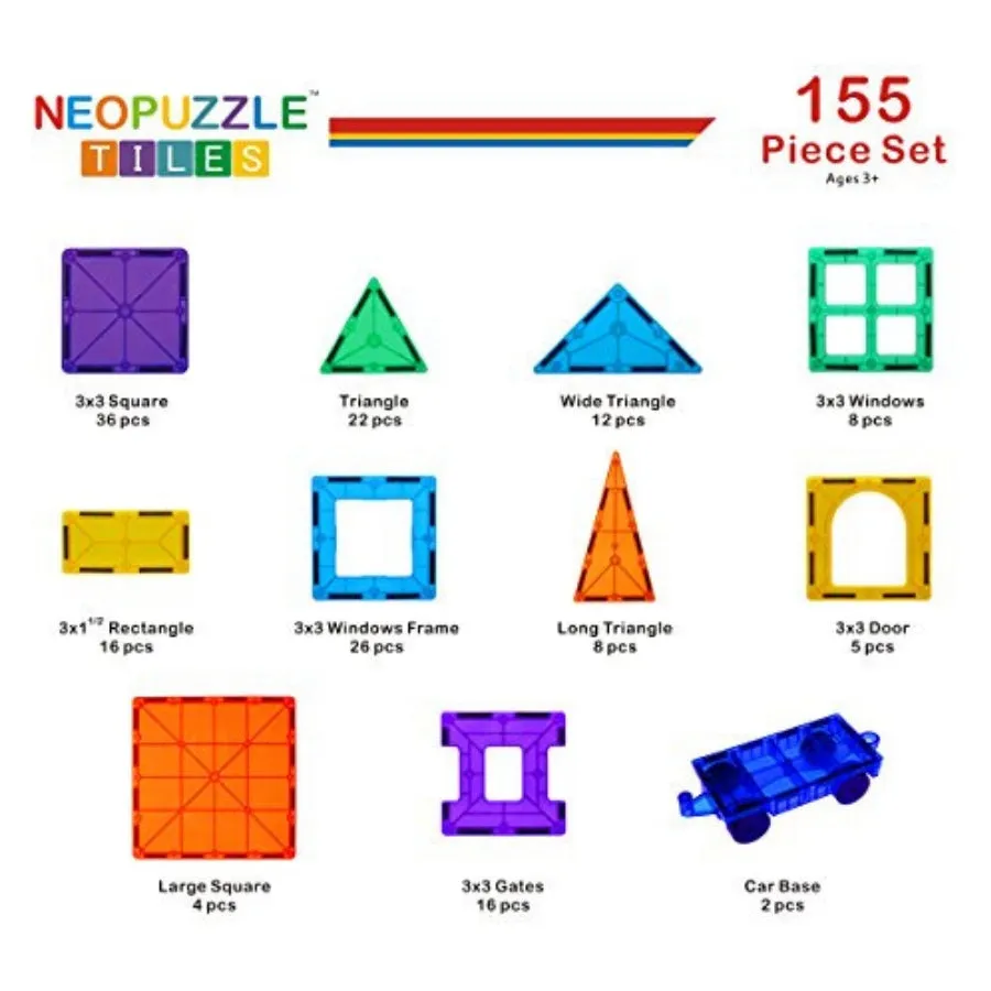 Neopuzzle - Magnetic Tiles Clear Colours 155 Piece Set