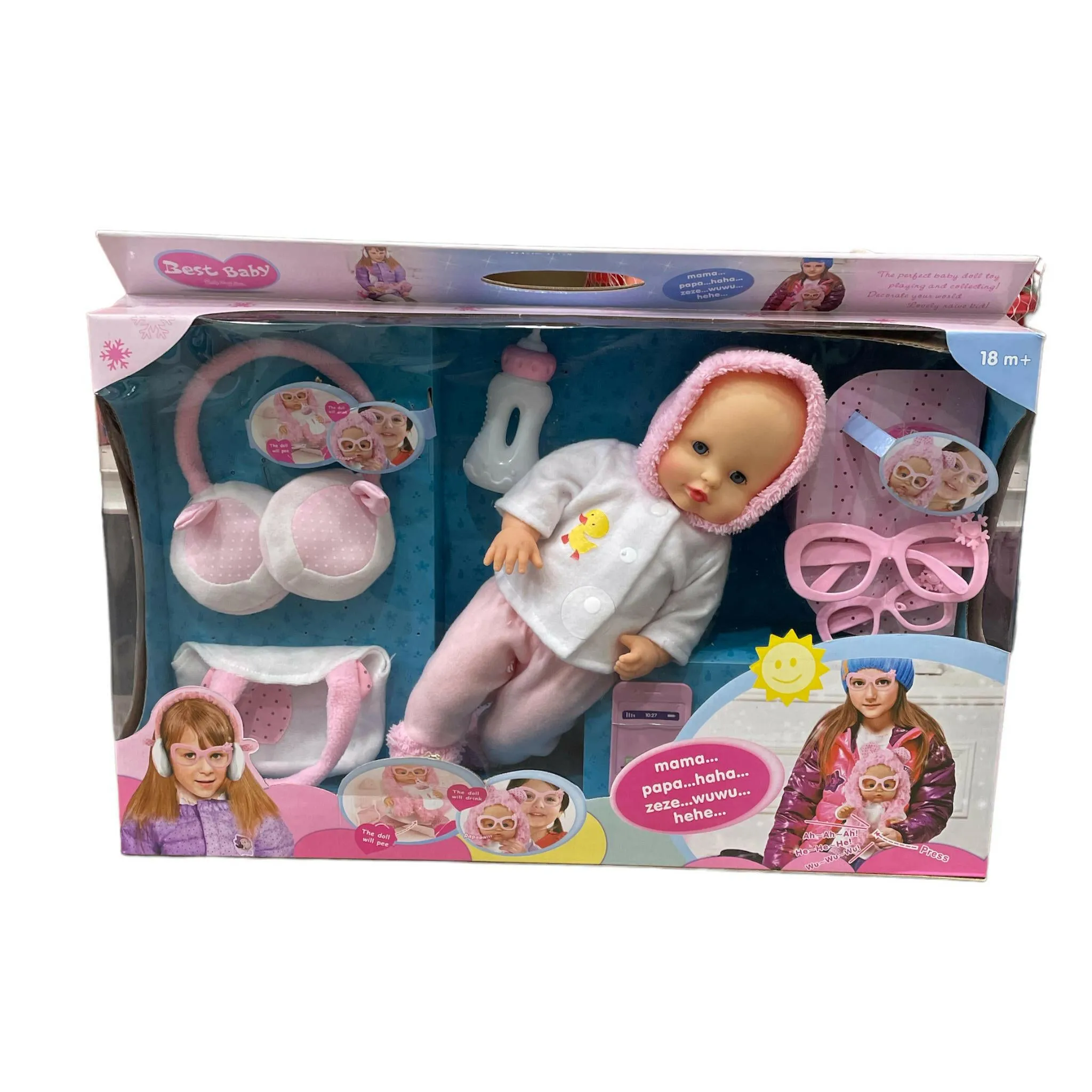 Peeing Baby Doll Set with Glasses & Toy Accessories