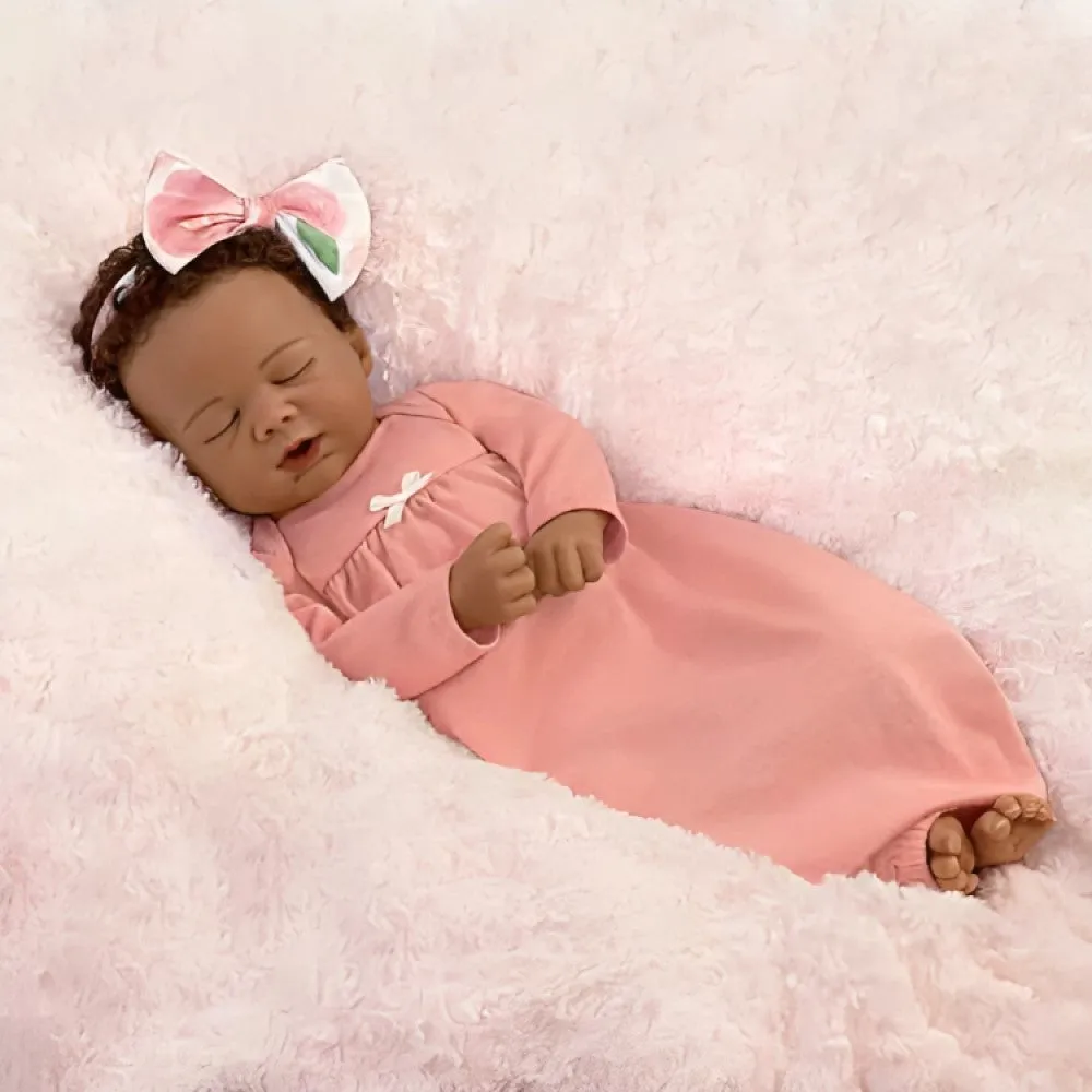 The Ashton-Drake Galleries Flora African American Black Baby Doll with Custom Swaddle Blanket 19-inches