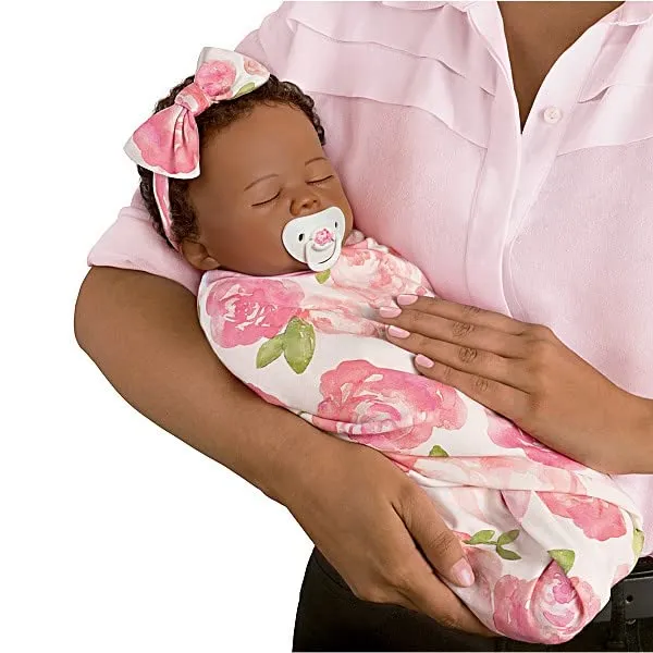 The Ashton-Drake Galleries Flora African American Black Baby Doll with Custom Swaddle Blanket 19-inches