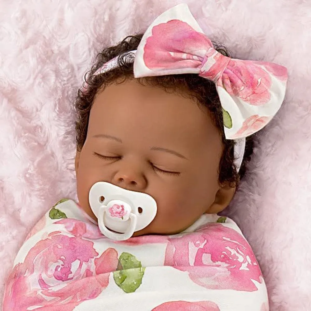 The Ashton-Drake Galleries Flora African American Black Baby Doll with Custom Swaddle Blanket 19-inches