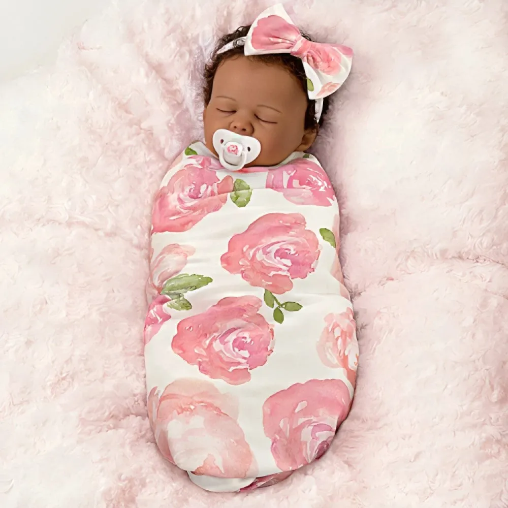 The Ashton-Drake Galleries Flora African American Black Baby Doll with Custom Swaddle Blanket 19-inches