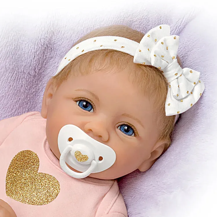 The Ashton - Drake Galleries Heart of Gold So Truly Real® Interactive Cooing Baby Girl With Heartbeat Lifelike Realistic Weighted Fully Poseable RealTouch® Vinyl Skin Doll By Linda Murray 16"-Inches