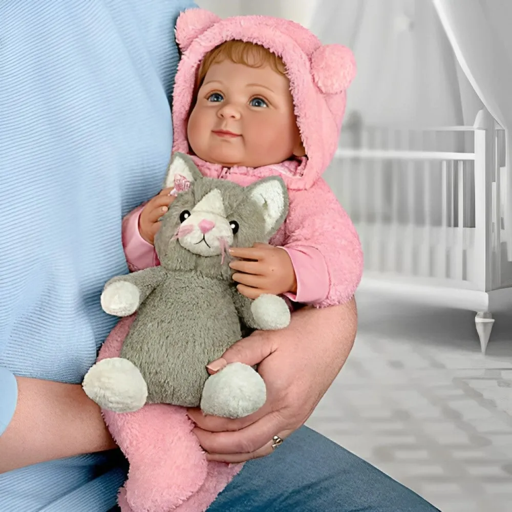 The Ashton-Drake Galleries Zoe My Snuggle Kitten Baby Doll and Plush Cat Set RealTouch® Vinyl Skin Hand-rooted Hair with Pink Sherpa Outfit 17.5-Inches