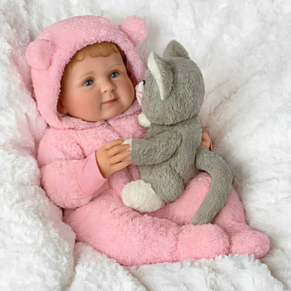 The Ashton-Drake Galleries Zoe My Snuggle Kitten Baby Doll and Plush Cat Set RealTouch® Vinyl Skin Hand-rooted Hair with Pink Sherpa Outfit 17.5-Inches