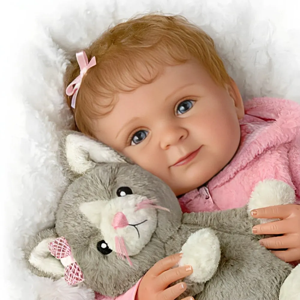 The Ashton-Drake Galleries Zoe My Snuggle Kitten Baby Doll and Plush Cat Set RealTouch® Vinyl Skin Hand-rooted Hair with Pink Sherpa Outfit 17.5-Inches