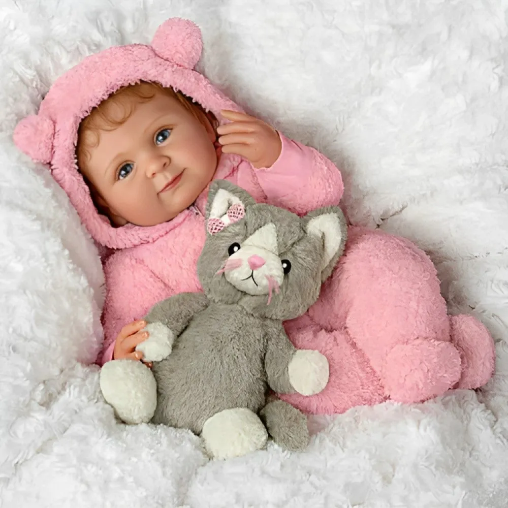 The Ashton-Drake Galleries Zoe My Snuggle Kitten Baby Doll and Plush Cat Set RealTouch® Vinyl Skin Hand-rooted Hair with Pink Sherpa Outfit 17.5-Inches