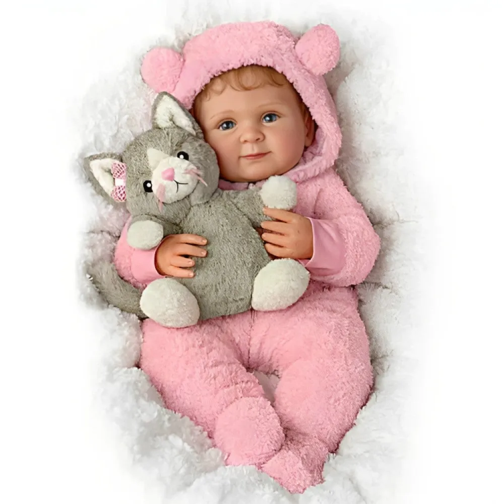 The Ashton-Drake Galleries Zoe My Snuggle Kitten Baby Doll and Plush Cat Set RealTouch® Vinyl Skin Hand-rooted Hair with Pink Sherpa Outfit 17.5-Inches