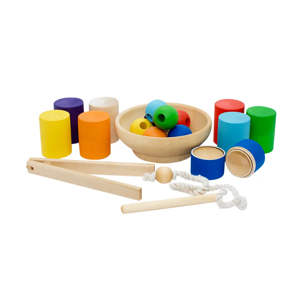 Wooden Sorting Cylinders & Lacing Balls - Rainbow